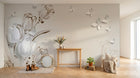 Design FC239 — Papier peint Tulipes blanches papillons fond beige — Novomur