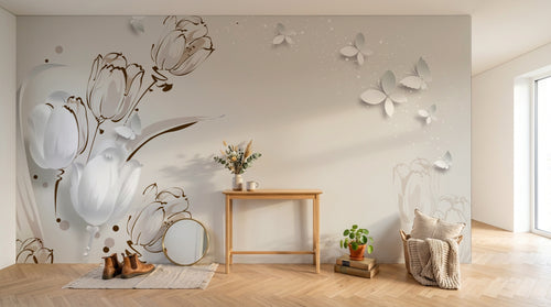 Design FC239 — Papier peint Tulipes blanches papillons fond beige — Novomur