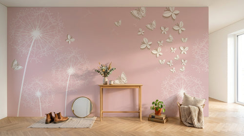 Design FC240 — Papier peint Pissenlits blancs papillons rose pale — Novomur