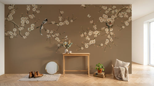 Design FC280 — Papier peint Prunier oiseaux fond taupe chinoiserie — Novomur