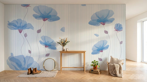 Design FC355 — Papier peint Fleurs bleues transparentes rayures pastel — Novomur