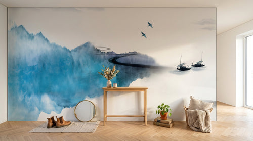 Design FC519 — Papier peint Paysage encre montagne bleue barques — Novomur