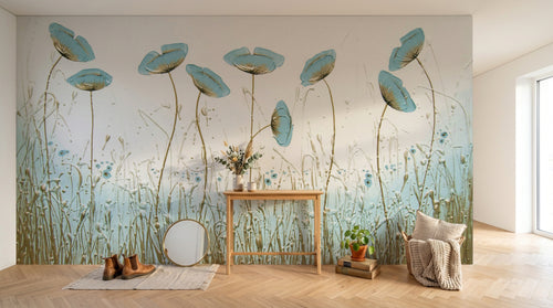 Design L0345 — Papier peint Coquelicots bleus prairie 3D relief — Novomur