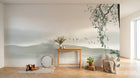 Design L0355 — Papier peint Paysage encre verte montagnes oiseaux — Novomur