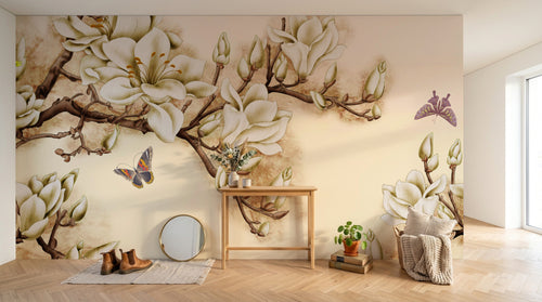 Design L0467 — Papier peint Magnolias blancs et papillon fond beige — Novomur