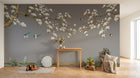 Design L0506 — Papier peint Magnolias oiseaux et rocher fond gris — Novomur