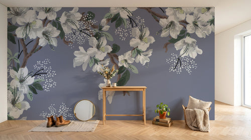 Design L0632 — Papier peint Cerisier fleurs blanches fond bleu gris — Novomur