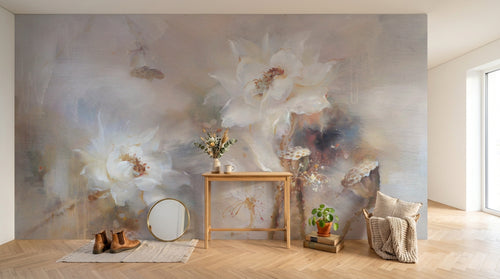 Design L0649 — Papier peint Roses blanches peinture artistique tons beige — Novomur