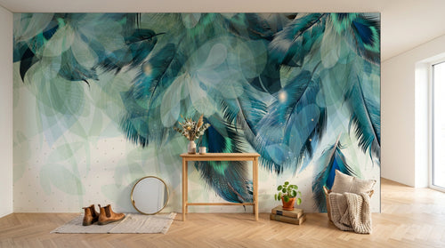 Design L0765 — Papier peint Plumes paon turquoise feuilles — Novomur