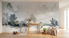 Design L0945 — Papier peint Paysage encre riviere brumeuse cabane — Novomur