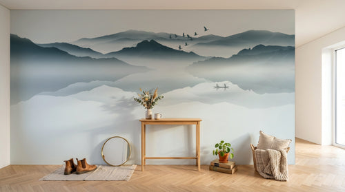 Design L1013 — Papier peint Paysage encre bleue montagnes reflet lac — Novomur