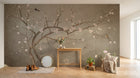 Design L1068 — Papier peint Prunier fleurs roses oiseaux fond taupe — Novomur