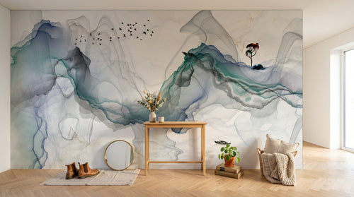 Design L1129 — Papier peint Encre fluide abstraite vol oiseaux — Novomur