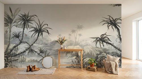 Papier peint Palmier Tropical Vert - Collection 4 SD0032 en situation — Paysage tropical gris sépia gravure vintage — Design SD0032