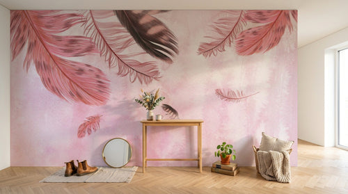 Papier peint Plumes SK0540 en situation — Plumes rose noir gris fond rose pastel — Design SK0540
