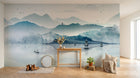 Design SL0004 — Papier peint Paysage encre bleue montagnes pagodes voiliers — Novomur