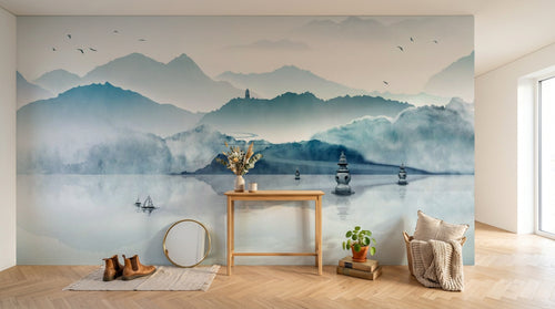 Design SL0004 — Papier peint Paysage encre bleue montagnes pagodes voiliers — Novomur