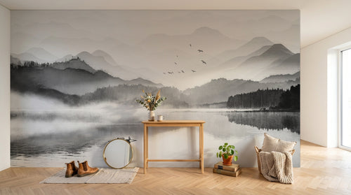 Design SL0027 — Papier peint Paysage lac brumeux noir blanc montagnes — Novomur