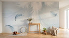 Design SL0061 — Papier peint Plumes blanches fond gris bleu lignes — Novomur