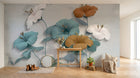 Design SL0089 — Papier peint Hibiscus 3D bleu marron aquarelle — Novomur