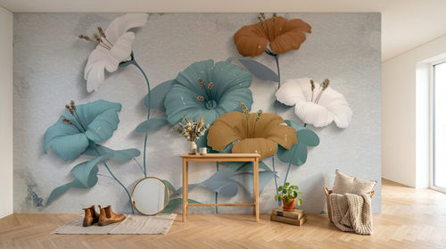 Design SL0089 — Papier peint Hibiscus 3D bleu marron aquarelle — Novomur