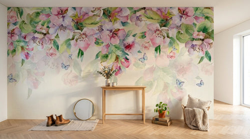 Design SL0106 — Papier peint Cascade cerisier rose pastel papillons — Novomur