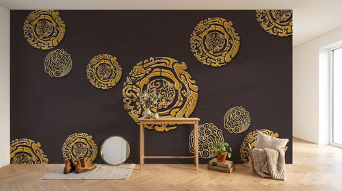 Design SL0142 — Papier peint Medaillons dores dragons fond marron — Novomur