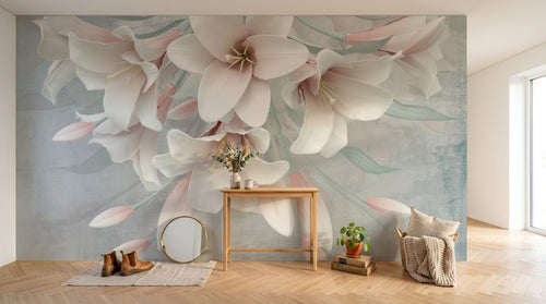 Design SL0191 — Papier peint Lis blancs cascade rose pastel — Novomur
