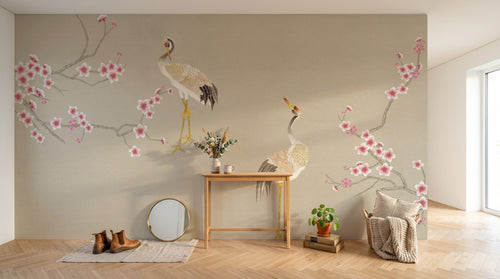 Design SL0203 — Papier peint Grues japonaises cerisier rose pastel — Novomur