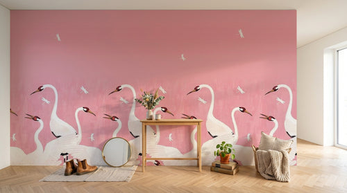 Design SL0211 — Papier peint Grues blanches fond rose pastel — Novomur