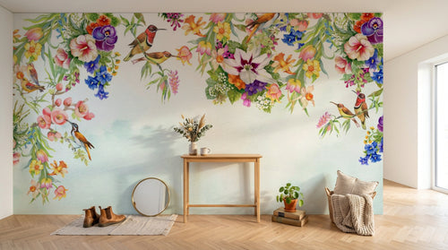 Design SL0226 — Papier peint Cascade fleurs colorees colibris exotiques — Novomur