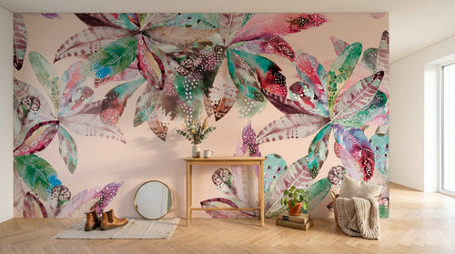 Design SL0262 — Papier peint Feuilles boho aquarelle multicolores fond rose — Novomur
