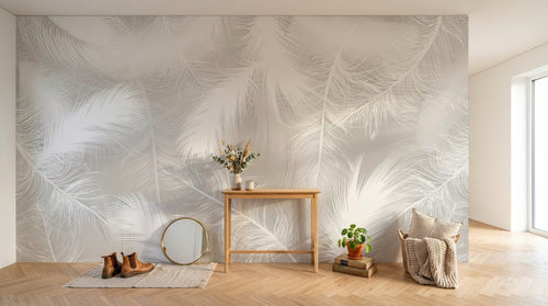 Design SL0279 — Papier peint Plumes blanches duveteuses fond gris — Novomur
