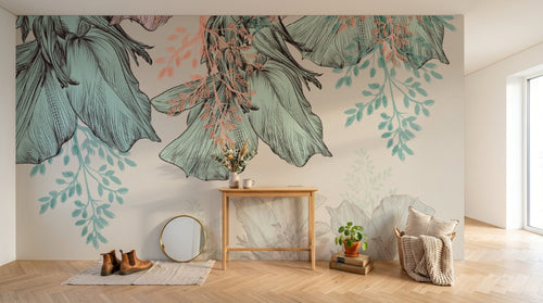 Design SL0299 — Papier peint Fleurs gravure turquoise rose vintage — Novomur