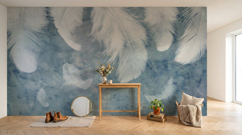Design SL0331 — Papier peint Plumes blanches fond bleu pastel — Novomur