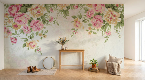 Design SL0349 — Papier peint Cascade pivoines roses feuillage vintage — Novomur