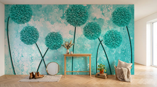 Design SL0350 — Papier peint Pissenlits turquoise fond grunge — Novomur