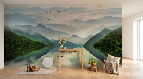 Design SL0364 — Papier peint Vallee chinoise brumeuse lac barques — Novomur