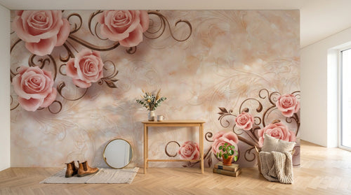 Design SL0371 — Papier peint Roses pales arabesques fond beige damasse — Novomur