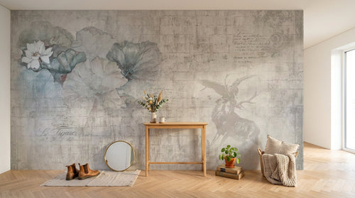 Design SL0385 — Papier peint Coquelicots cerf vintage fond beige texte — Novomur
