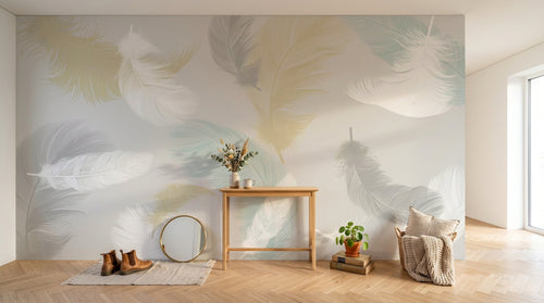 Design SL0398 — Papier peint Plumes multicolores fond gris pale — Novomur