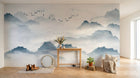 Design SL0418 — Papier peint Paysage encre bleue collines barque — Novomur