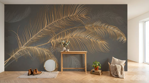 Design SL0446 — Papier peint Plumes palmes dorees fond gris luxe — Novomur