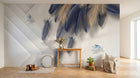 Design SL0447 — Papier peint Plumes bleues dorees triangles fond blanc — Novomur