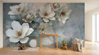 Design SL0487 — Papier peint Magnolias blancs 3D fond gris bleu — Novomur