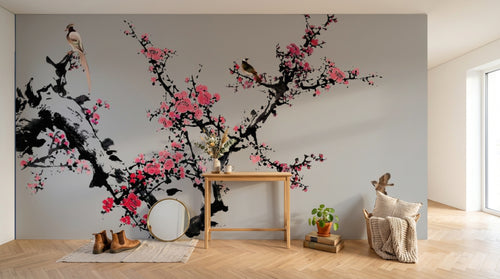 Design SL0501 — Papier peint Prunier rose oiseaux fond gris chinoiserie — Novomur