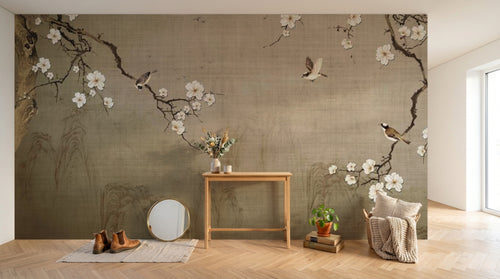 Design SL0504 — Papier peint Cerisier blanc oiseaux paysage chinois beige — Novomur