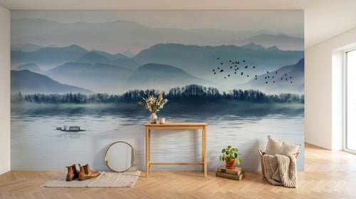 Design SL0628 — Papier peint Paysage encre bleue pastel lac barque — Novomur