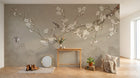 Design SL0660 — Papier peint Cerisier blanc oiseaux fond beige montagnes — Novomur
