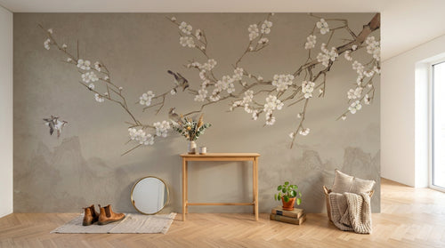 Design SL0660 — Papier peint Cerisier blanc oiseaux fond beige montagnes — Novomur